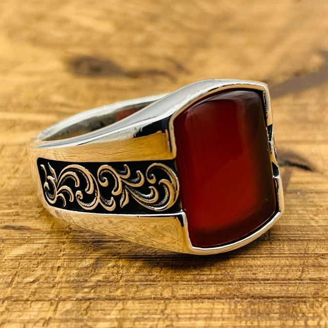 Men's Red Square Agate Ring - TryAladdin