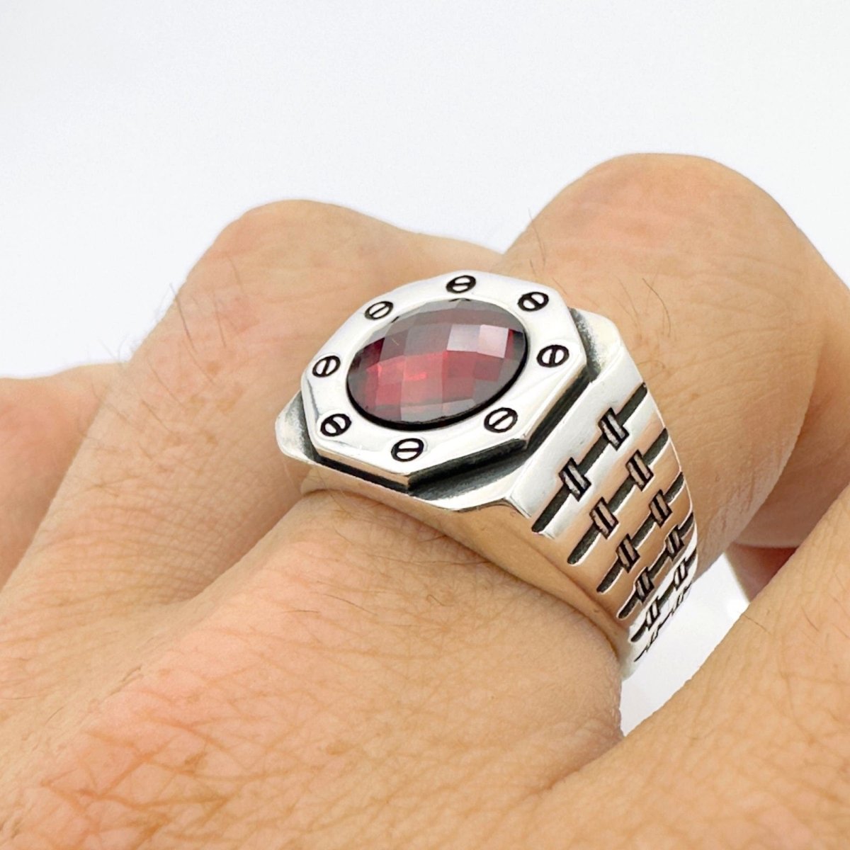 Men's Red Zircon Silver Ring - TryAladdin