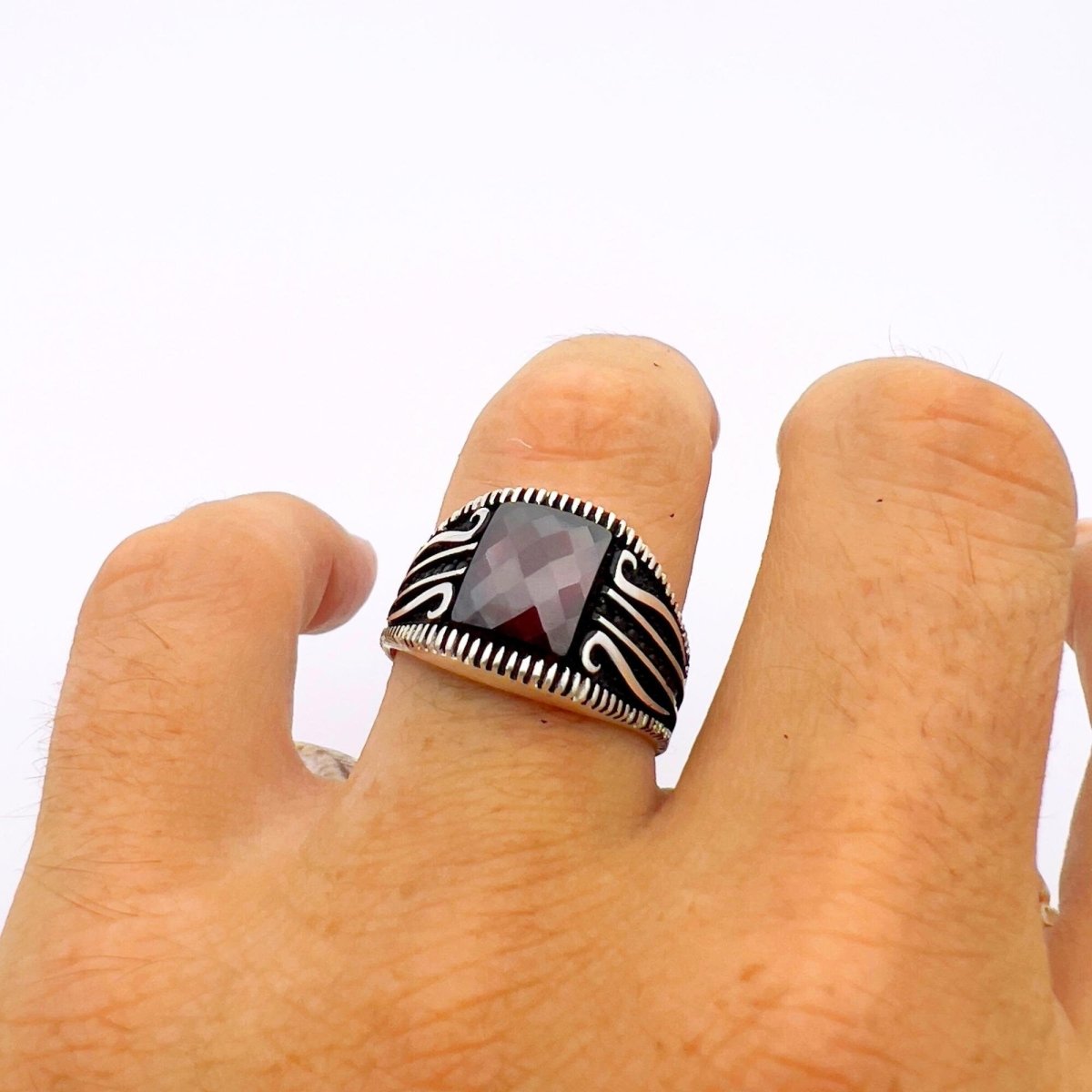 Men's Red Zircon Stone Silver Ring - TryAladdin