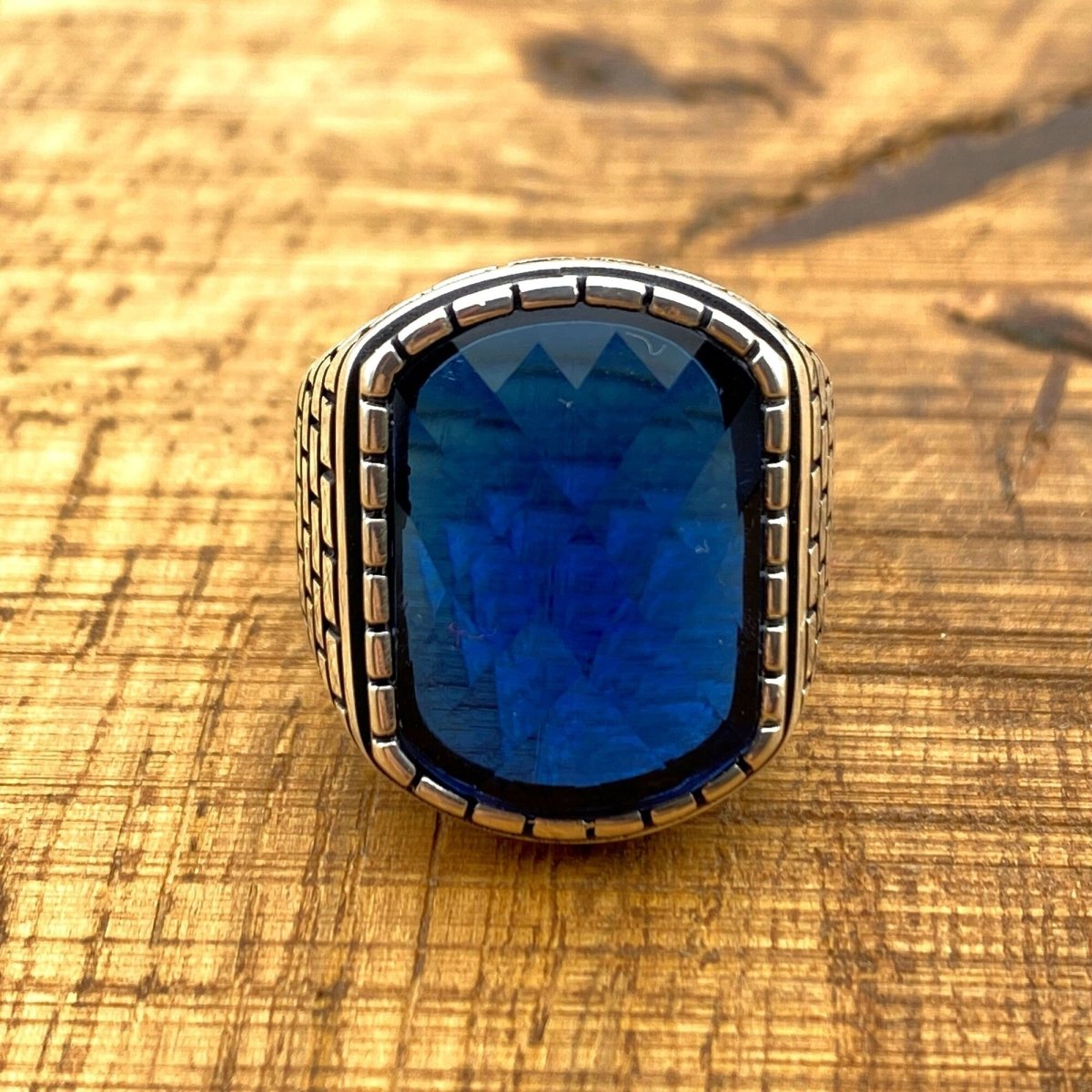 Men's Square Blue Zircon Stone Silver Ring - TryAladdin