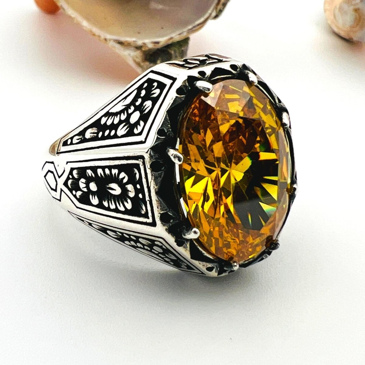 Men's Yellow Citrine Stone Silver Ring - TryAladdin