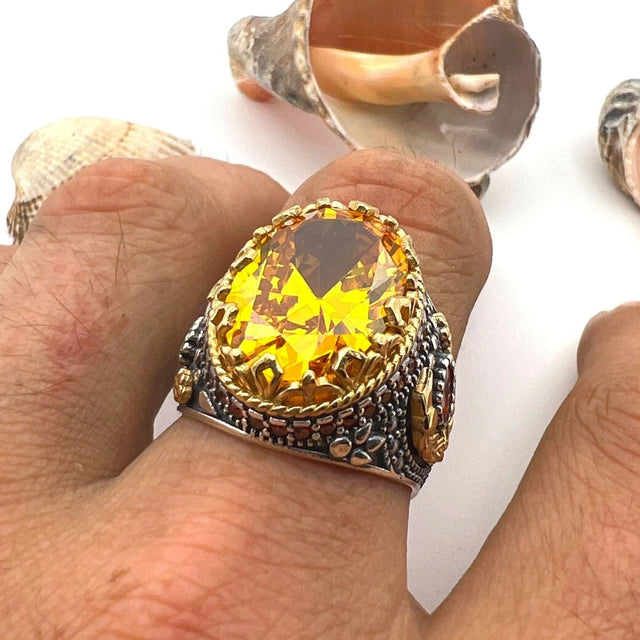 Men's Yellow Citrine Stone Silver Ring - TryAladdin