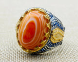 Men's Yemeni Aqeeq Stone Orange Silver Ring - TryAladdin