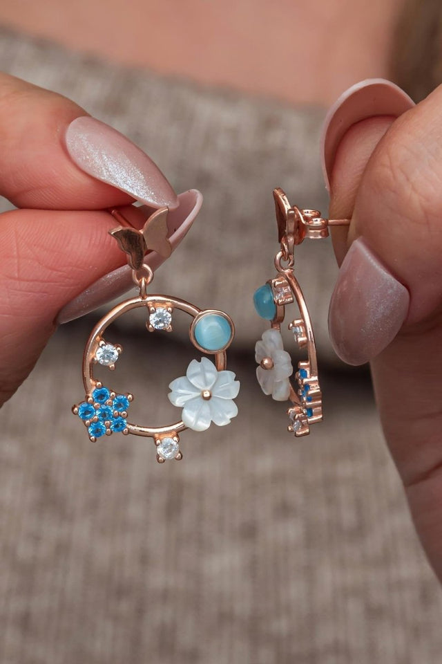 Nereze | Blue Stone Magnolia Flower Butterfly Detail Earrings - TryAladdin