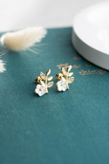 Nereze | Gold Plated Tiny Magnolia Flower Olive Branch Earrings - TryAladdin