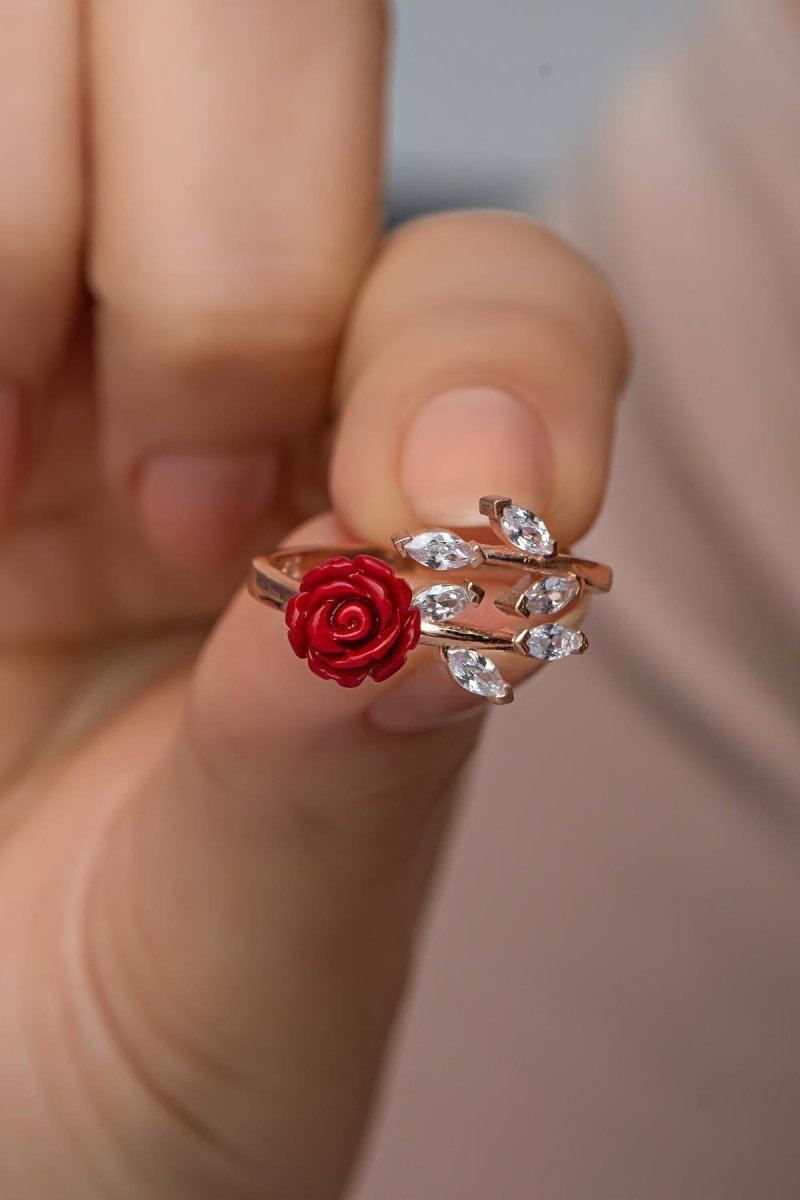 Nereze | Ivy Model Red Rose Adjustable Size Ring - TryAladdin