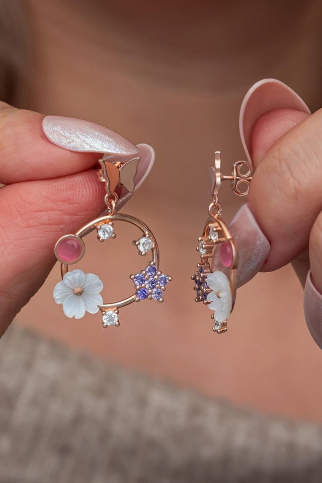 Nereze | Magnolia Flower Butterfly Detail Earrings with Pink Stone - TryAladdin