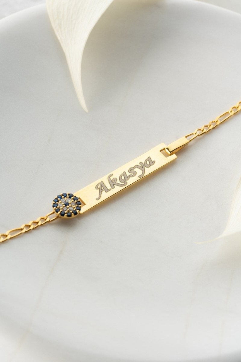 Nereze | Personalized Figaro Chain Nazar Evil Eye Baby Bracelet - TryAladdin