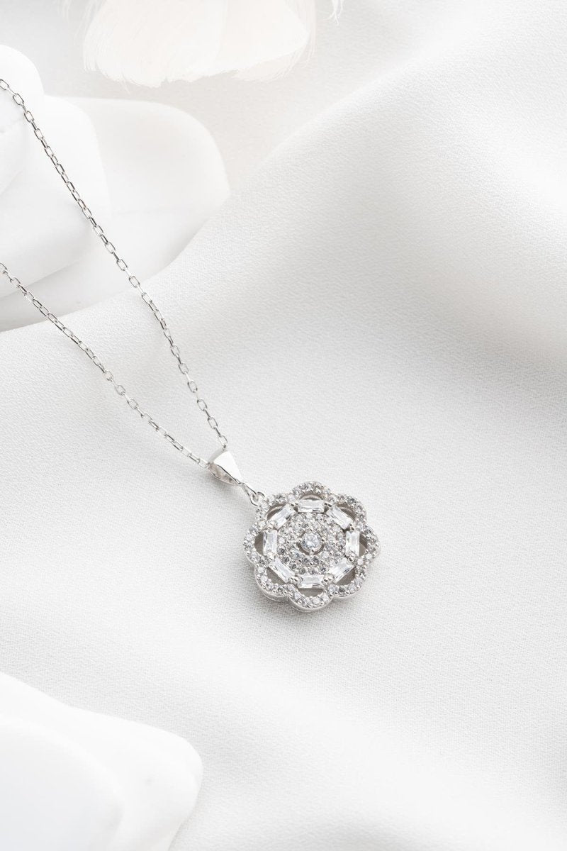 Nereze | Rhodium Plated Baguette Stone Flower Design Necklace - TryAladdin