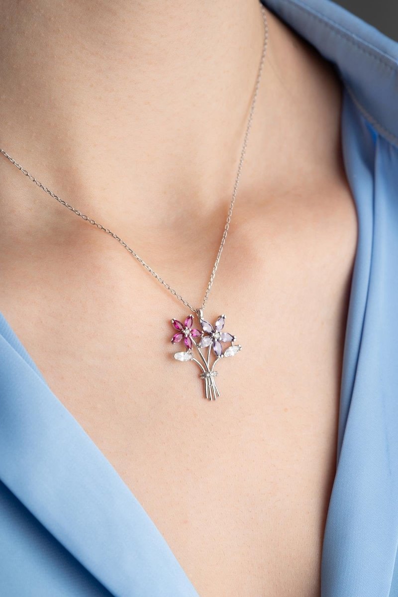 Nereze | Rhodium Plated Camellia Flower Bouquet Necklace - TryAladdin