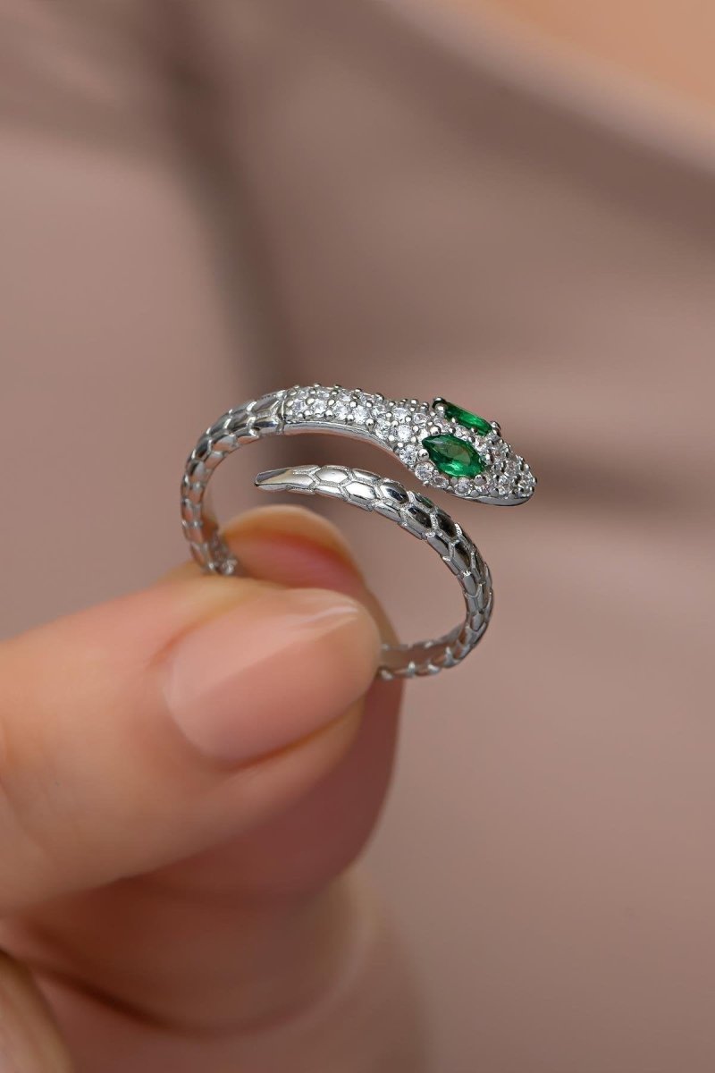 Nereze | Rhodium Plated Zircon Stone Snake Design Adjustable Size Ring - TryAladdin