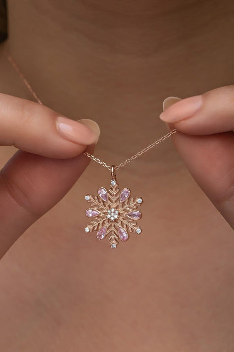 Nereze | Rose Plated Snowflake Necklace with Pink Stone - TryAladdin