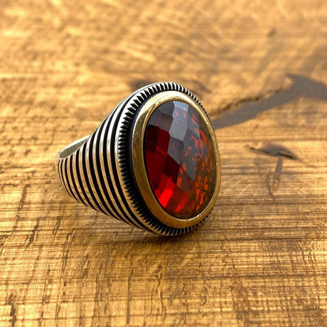 Oval Zircon Red Stone Handmade Silver Men's Ring - TryAladdin