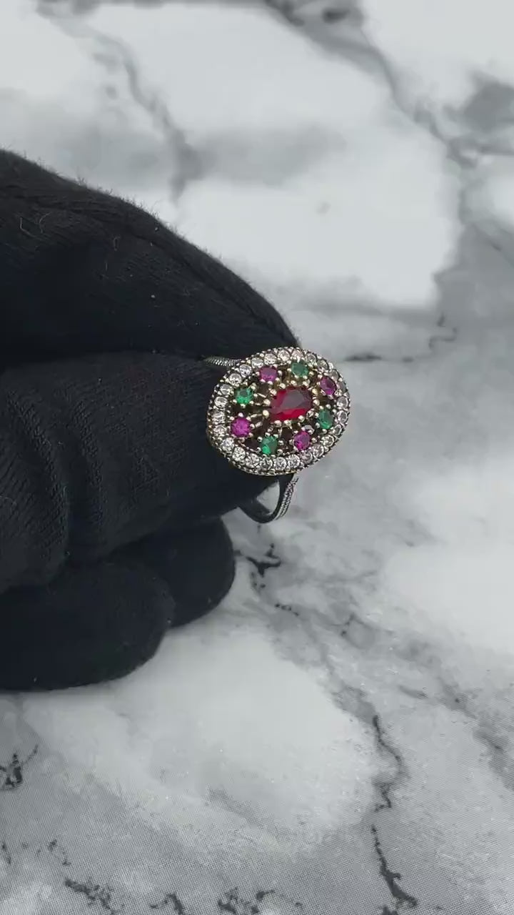 Istanbul Jewelry | Ruby and Emerald Ottoman Style Handmade Silver Ring