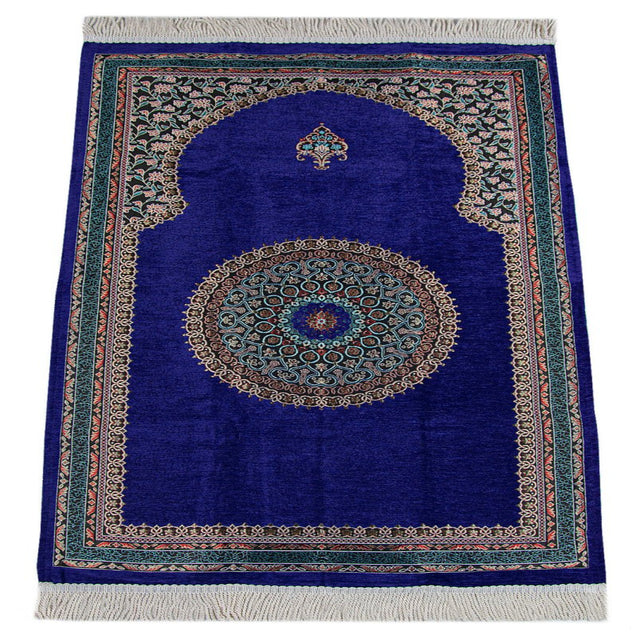 Purple Traditional Motif Knitted Fringed Mihrab Lined Chenille Prayer Rug - TryAladdin