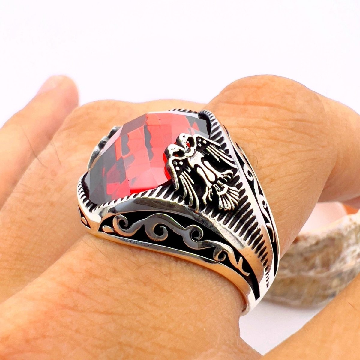 Red Zircon Double Headed Eagle Men's Ring - TryAladdin