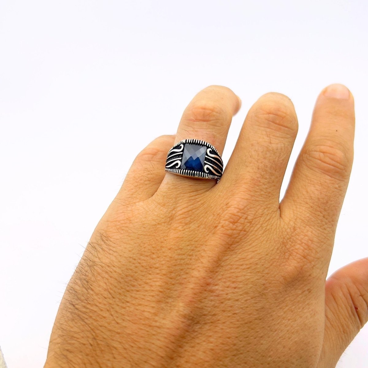 Square Blue Sapphire Silver Ring - TryAladdin