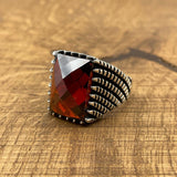 Sterling Silver 925 Handmade Red Zircon Men's Ring - TryAladdin