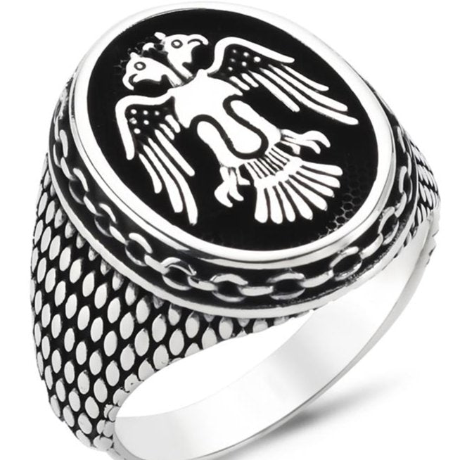 Taki | Double - Headed Seljuk Eagle Men's Silver Ring Without Stone - TryAladdin