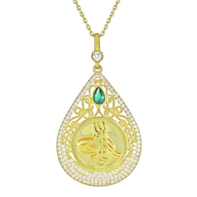 Taki | Silver Tugra Islamic Motivated Necklace Gold Plated with Stone Chain - TryAladdin