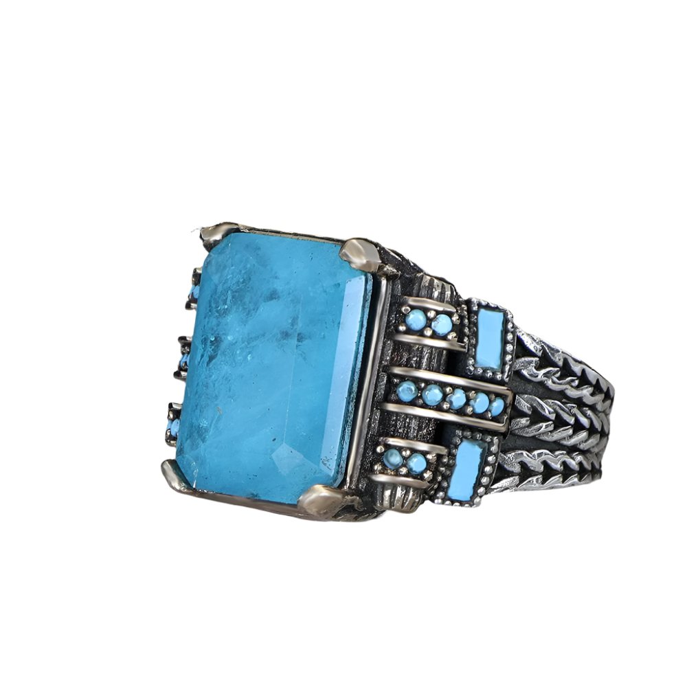 Tesbihevim | Chain Series Men's Silver Ring with Blue Topaz Stone - TryAladdin