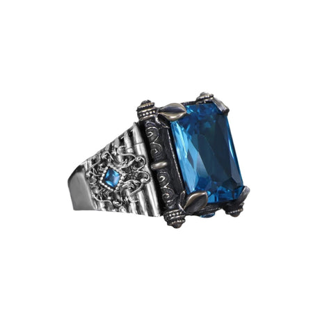 Tesbihevim | Men's Silver Ring with Aqua Marin Stone - TryAladdin