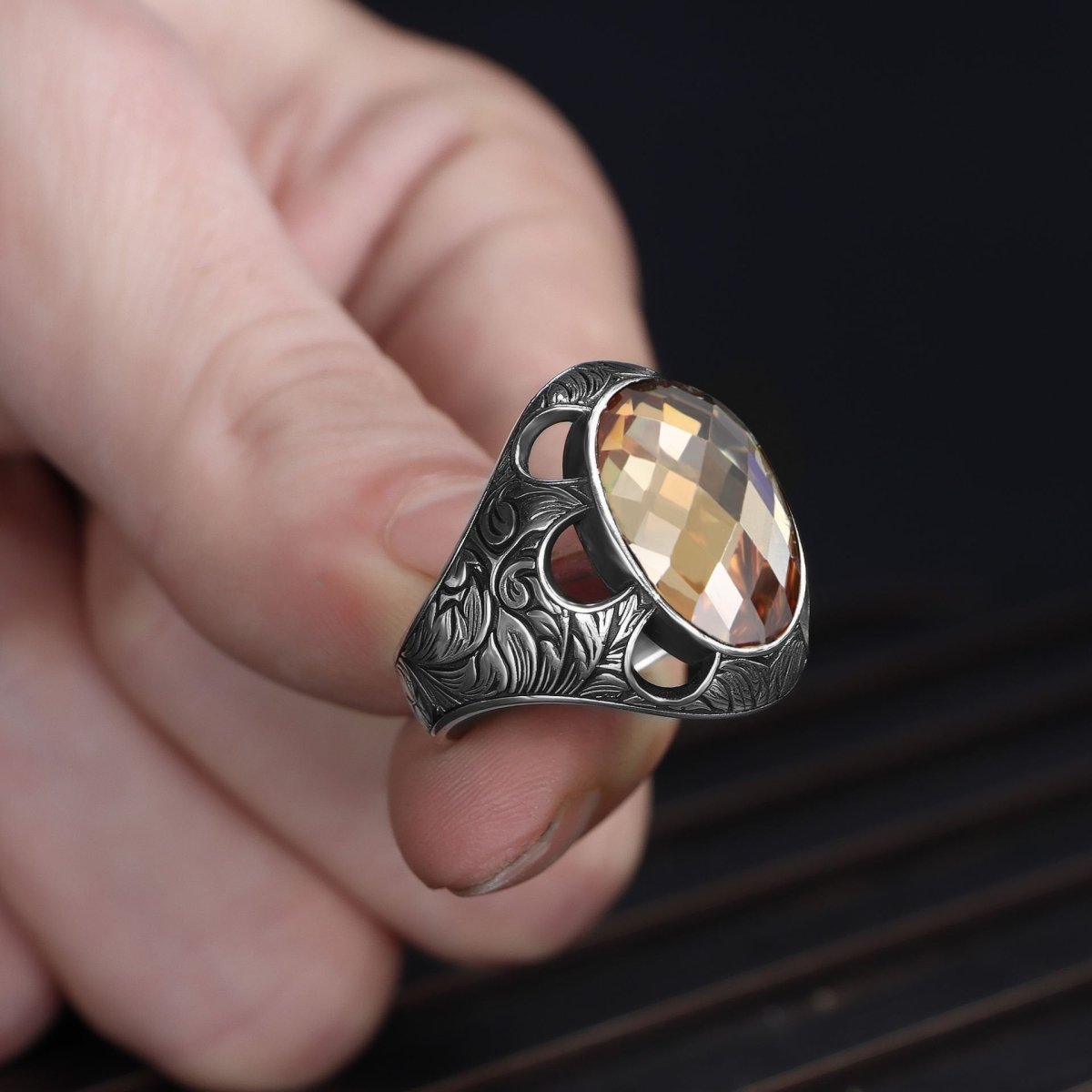 Tesbihevim | Patterned Model Citrine Stone Silver Ring for Men - TryAladdin