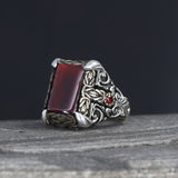 Tesbihevim | Patterned Model Red Agate Stone Silver Ring for Men - TryAladdin