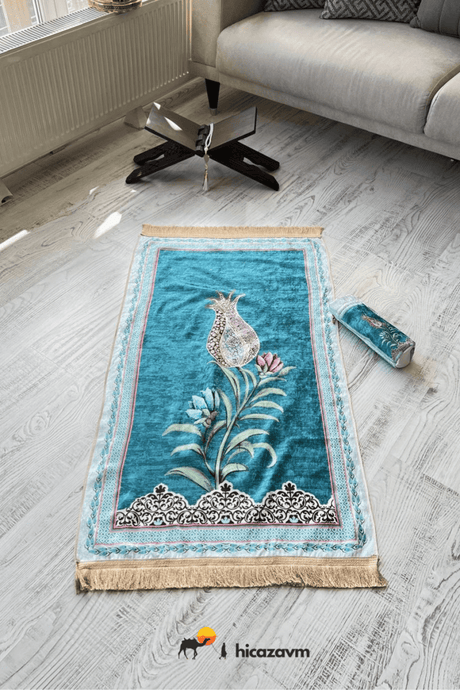 Tulip Motif Prayer Rug with Bag (Blue) - TryAladdin