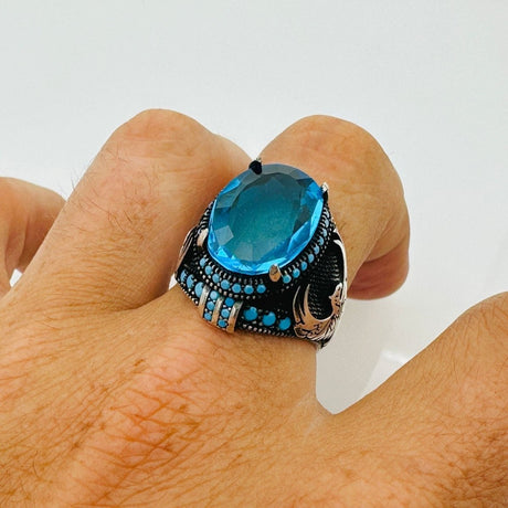 Turkish Handmade Men's Aquamarine Eagle Silver Ring - TryAladdin