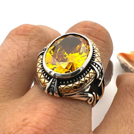 Yellow Citrine Stone Double Headed Eagle Ring - TryAladdin