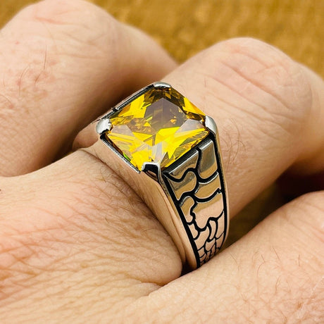 Yellow Citrine Stone Men's Silver Ring - TryAladdin