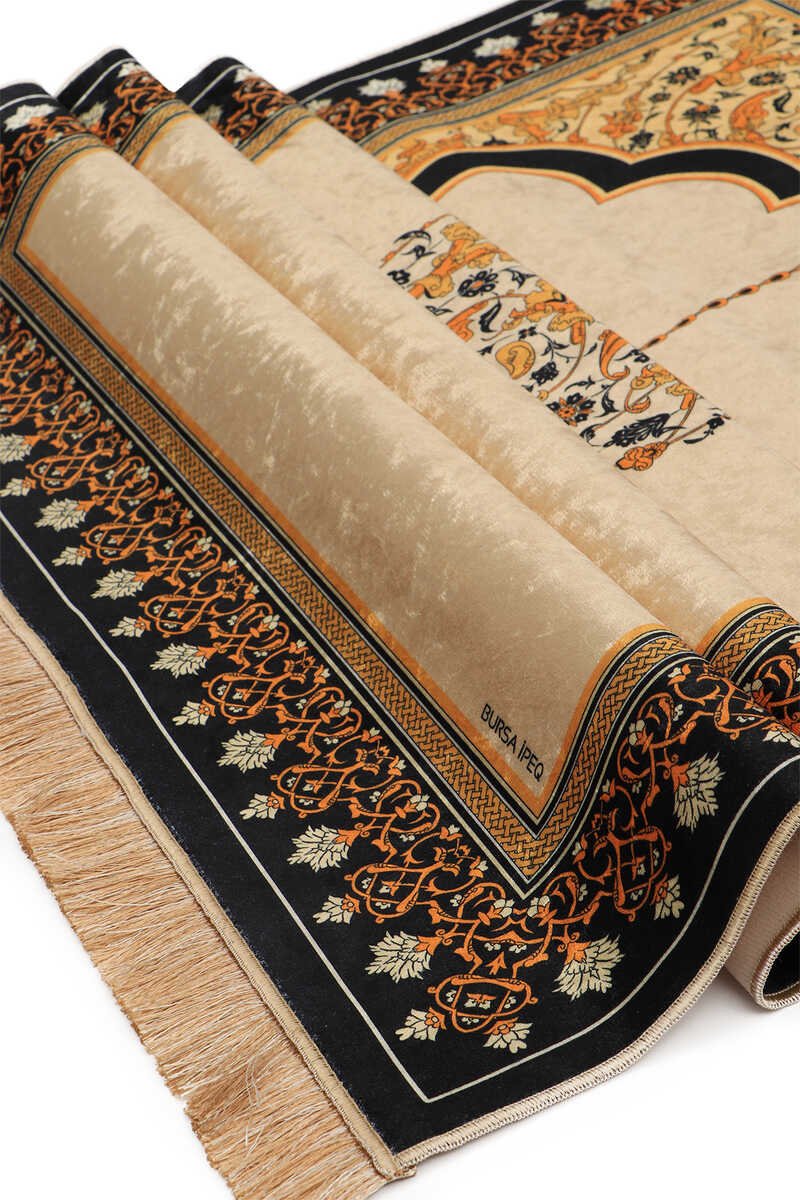 Bursa Ipek | Beige Velvet Carpet Prayer Rug - TryAladdin