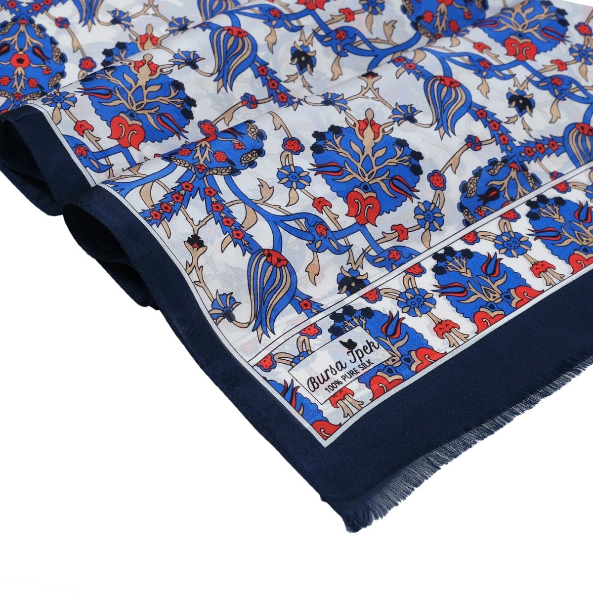 Lale Elegant Silk Scarf in Blue, Red & Cream - TryAladdin