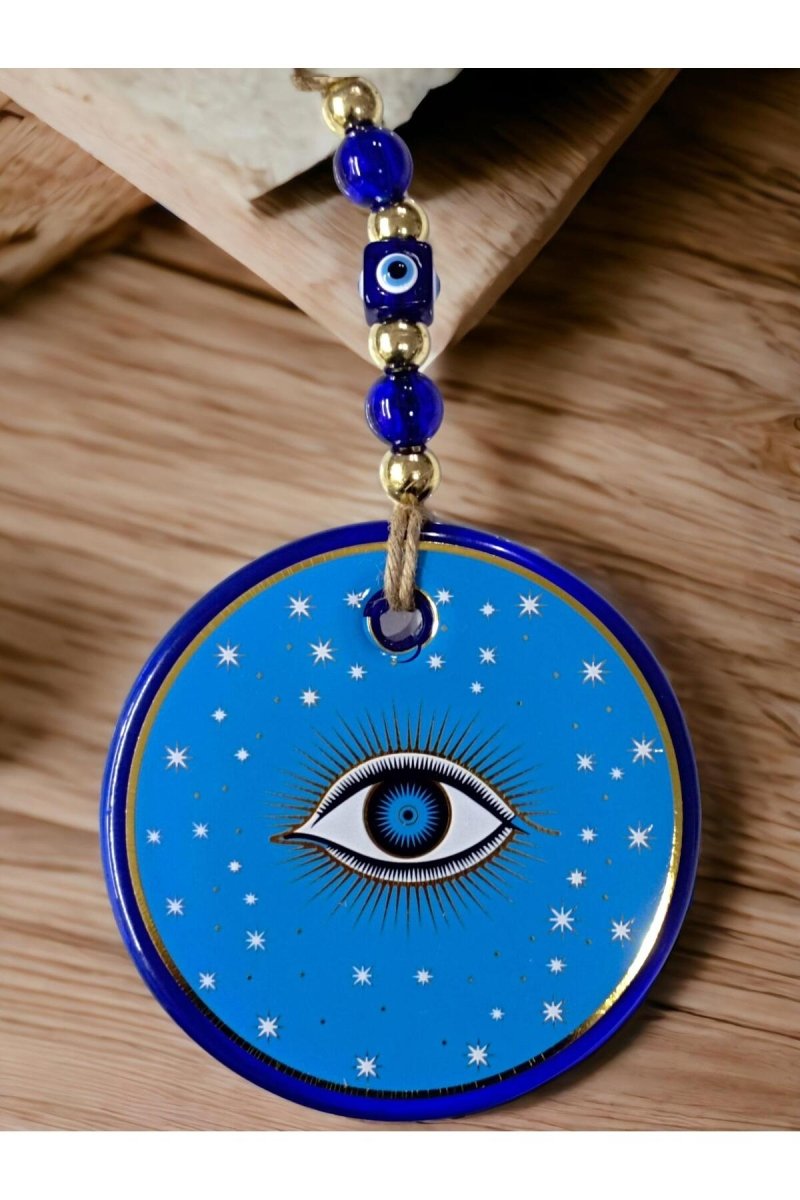 Light Blue Star Embroidered Eye Model Wall Ornament with Nazar Beads - TryAladdin