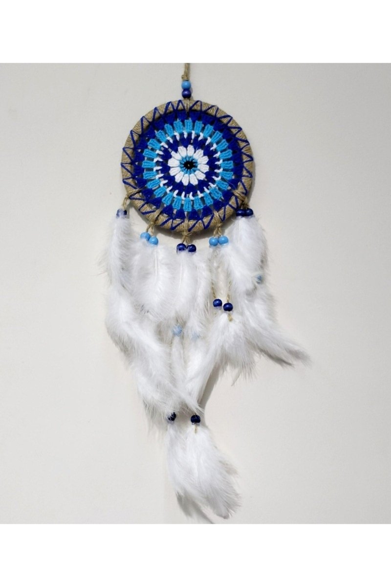 Nazar Bead Patterned Dream Catcher Handmade Bird Feather Dream Catcher Wall Ornament - TryAladdin